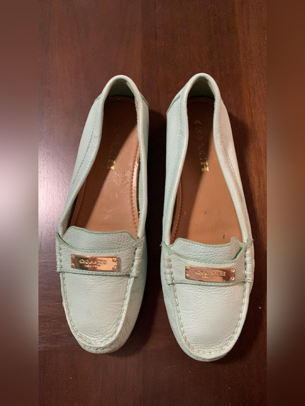 Coach Women’s Mint Green Leather Loafers with Gold Plaque
